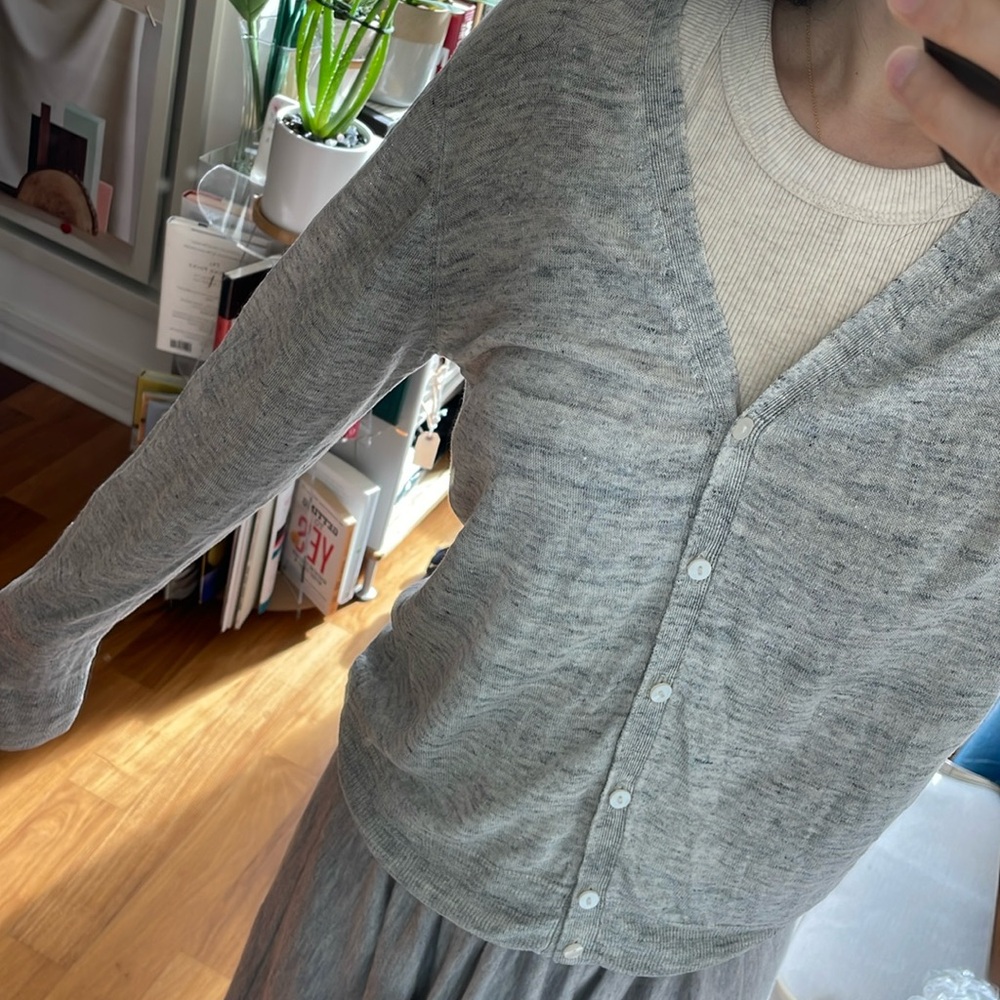 Muji heather Grey lightweight linen v-neck cardigan knit sweater SMALL